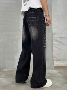 HEHCN Men's Black Loose Fit Jeans, Lightning Scratch Distressed Wash, Fashion Casual Baggy Retro Wide Leg Jeans, Suitable As Gift For Husband, Boyfriend, Grunge - Black - View 8