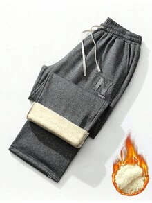 加大码保暖内衬休闲裤，3D印花直筒裤，适合冬季 - 灰色 - 查看 4