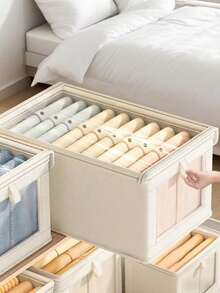 1pc Beige Covered Fabric Storage Box, Foldable Closet Organizer Box With Visible Window, Drawer Style Jeans Storage Container For Home - Beige With Lid - View 4