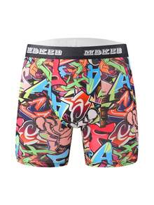 3 piezas Bóxer largos de hombre con estampado de graffiti de moda, bóxer largos deportivos cómodos y transpirables de alta elasticidad, pantalones cortos deportivos, pantalones cortos de boxeo, ropa interior creativa de hombre