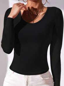 女士简约圆领长袖T恤，基础修身黑色款，适合春、秋、冬季穿着 - 黑色 - 查看 4