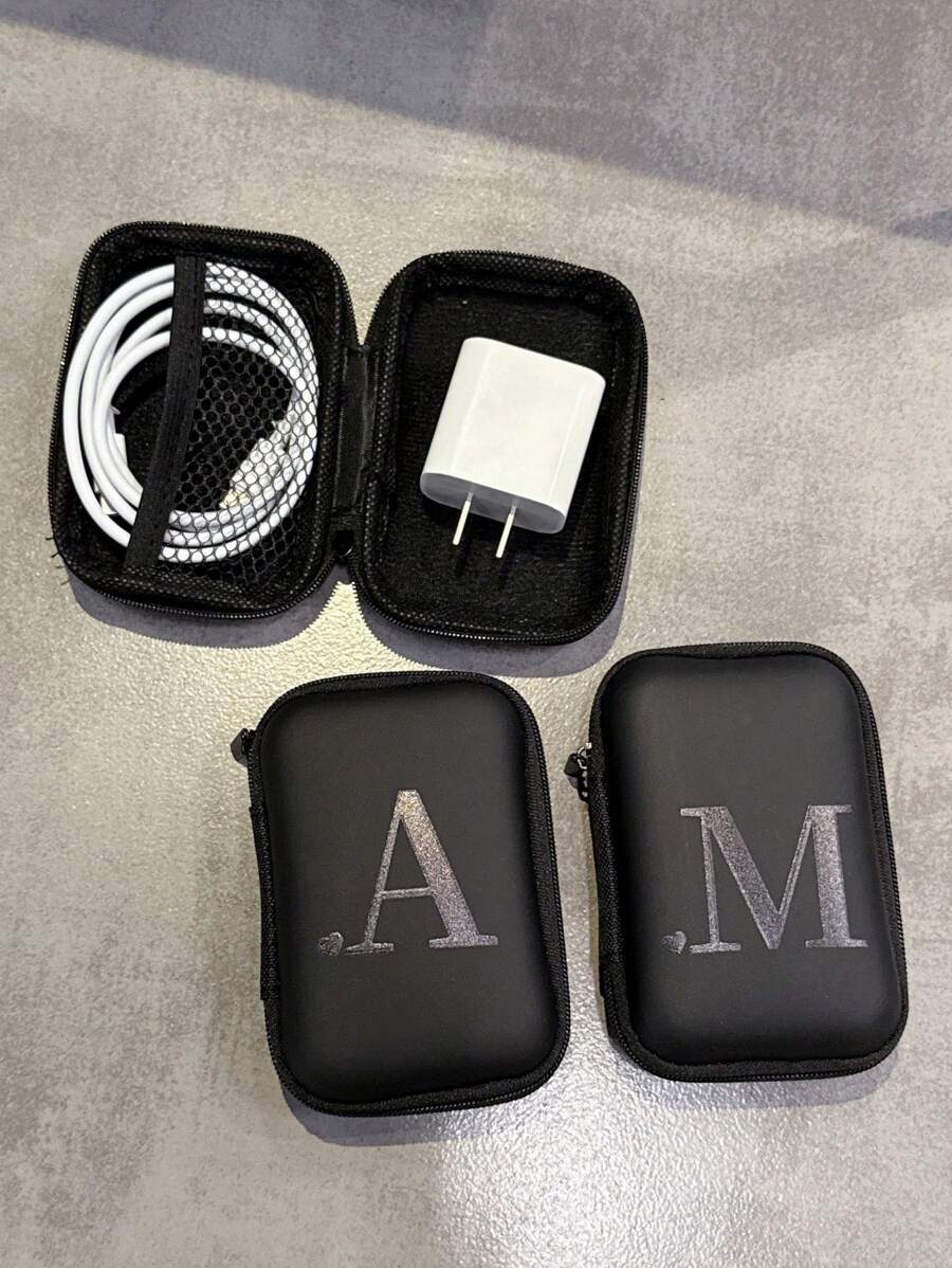 1pc Printed Data Cable Storage Bag, Zipper Closure, Black Base With Multicolor Uppercase Letter A-Z Pattern, Portable Organizer For Data Cable, Charger, Earphones For Summer Holiday Travel, Outdoor Activities Cable Organizer Travel Essentials