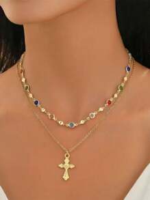 3 件套全新波西米亚/金色圆形珍珠、豹纹、心形、十字架、Y 形长项链套装，适合派对、庆典、度假，珍珠排列随意