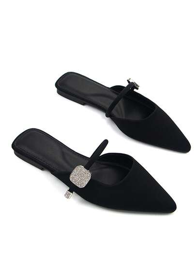 Fall/Winter Women's Elegant Silver Crystal Embellished Pointed Toe Slip-On Mule Flats, Comfortable Black Faux Suede Fabric, Suitable For Daily Wear And Party