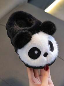 1双儿童毛绒拖鞋，男童冬季居家厚底保暖卡通可爱熊猫拖鞋 - 黑色 - 查看 6