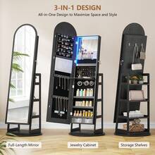 HWB Mirror Jewelry Cabinet With Storage, Arched Jewelry Armoire W/Full Length Mirror & 360° Swivel, Standing Jewelry Holder Organizer For Christmas Gift, Black - Black - View 3