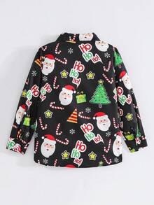 Multi-Color Santa Claus & Christmas Tree Printed Kids Long Sleeve Shirt, Black Background - Black - View 2