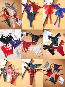 6packs Women Sexy Hollow T-Thong Sets Random Shipments Multi-Style Open Crotch Elegant Pearl Beaded Underpants T-Thong For Lady - Nhiều màu - Xem 2