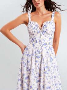 Blue And White Floral Dress Floral Dress Sundress , White Corset Dress, Floral Printed Corset Dresses Ruched Bust Cami Dress Flowy Sundress, Spaghetti Strap Dresses For Women Body Shaping Dress, Women'S Novelty Corset Dresses