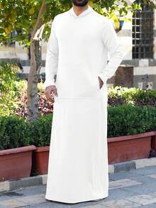 男士纯色连帽口袋休闲阿拉伯风格长袍，秋冬