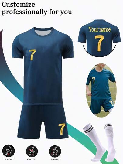 [Custom-Made] Personalized Name 2 Pieces Set, Boys & Youth Casual Soccer Jersey Riyadh Victory Away No.7, Round Neck Short Sleeve Shirt And Shorts Set, Quick-Dry Breathable Polyester Fabric, Suitable For Sports, Training, Casual Wear, Outdoor Activities,Multi-Functional,Ornamental,Letter,Stylish,Modern,Colorful,Cute,Adorable,Casual,Soft,Custom,Personalised,Unique,Customized,Baby Gifts,Ideal Gifts For Him,Ideal Gifts For Her,Son,Daughter