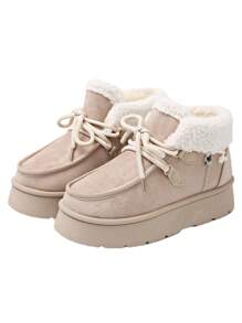 1. Thick Sole Lace-Up Fluffy Snow Boots For Teenagers, Warm And Energetic, Suitable For Students In Winter, Campus, Commuting, Outdoor Play, And Casual Occasions, Cool Black Thick Sole Lace-Up Fluffy Snow Boots, Light Brown Thick Sole Lace-Up Fluffy Snow Boots