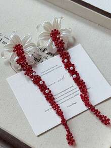 1 Cặp bông tai tua rua đính hạt hoa màu đỏ cổ điển, Phụ kiện bông tai đơn giản theo phong cách kỳ nghỉ hè - Đỏ - Xem 4