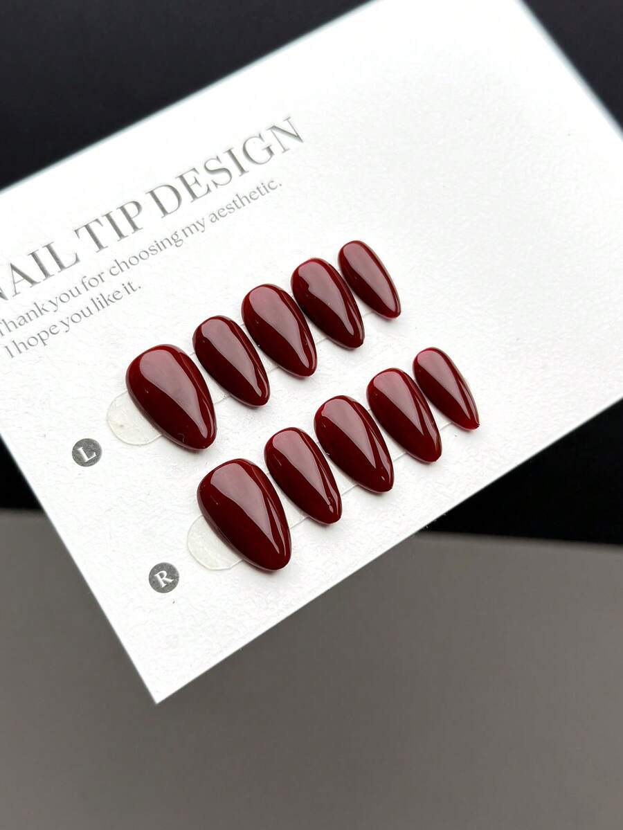 10-Piece Handmade Wearable Nail Tips, Short Almond-Shaped Press-On False Nails, Sweet And Luxurious Style, Smooth And Shiny Pure Red Press-On Short Nails, Suitable For Women And Girls For Daily And Festive Wear, With Nail Set Nail Supplies Nails - Multicolor - View 1