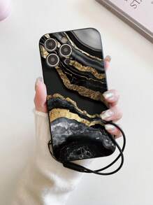 1 个黑色 TPU 大理石纹防震手机壳和 1 个黑色硅胶腕带，适用于 Apple/配套手机壳/带挂绳的手机壳/有趣的手机壳/Android 手机/兼容三星/OPPO 防水防摔防刮