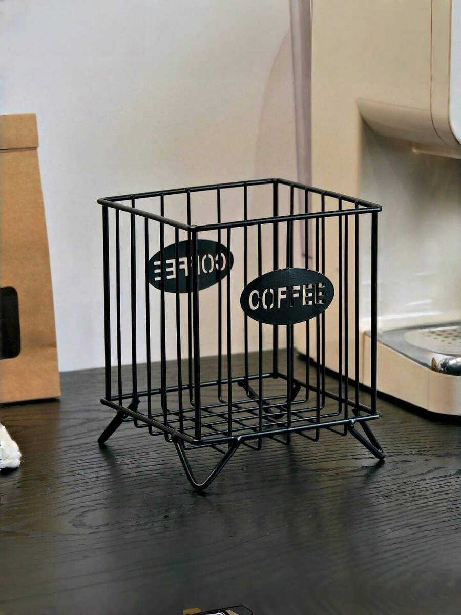 Large Capacity Black Metal Wire Coffee Capsule Storage Basket, Suitable For Kitchen Countertop, Office, Coffee Bar Accessories, Creamer And Syrup Storage