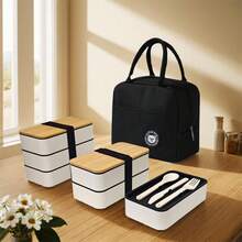 1 Set Bento Lunch Box With Utensils, Insulated Bag, Japanese-Style Lunch Container, Adult Lunch Box, School Lunch Box, Food Storage Container, Reusable, Multi-Layer Stackable, Suitable For Work, Outdoor, Picnic, Easy To Clean, Portable, Space-Saving Thermal Lunch Box - White and Black - View 6