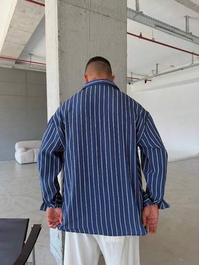 Men's Blue & White Striped Long Sleeve Casual Shirt, Relaxed Fit, Versatile & Minimalist Design, Suitable For Multi-Season Everyday Wear, Comfortable & Breathable, Linen-Like Texture, Fall