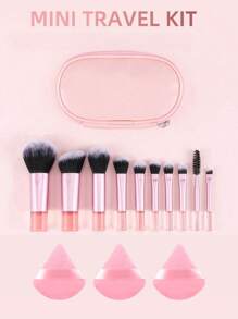 10 stuks Mini Roze Make-up Kwasten Set + 1 stuks Mini Rits Zakje + 3 stuks Beauty Spons, Poeder Kwast, Contour Kwast, Blush Kwast, Oogschaduw Kwast, Highlighter Kwast, Wenkbrauw Kwast - Handige Reis Make-up Tools