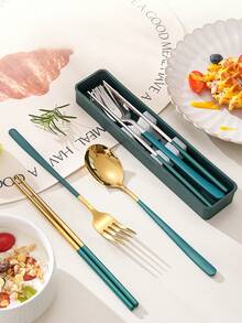3pcs/4pcs Stainless Steel Cutlery Set, Spoon Fork Chopsticks, Student Outdoor Travel Portable Tableware With Storage Box - Multicolor - View 4
