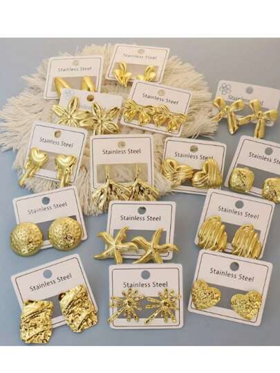 15 Random Styles Of Stainless Steel Golden Flower/Bow And Other Geometric Stud Earrings, Fashionable And Versatile Earrings, Suitable For Wearing During Festivals And Parties
