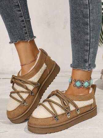 Dam Kontrastfärg Enfärgad Preppy College Mode Streetwear Snörning Klassisk Mångsidig Slip-On Termiskt Fodrade Ankelstövlar, Varma För Hem, Semester, Fest, Utomhus