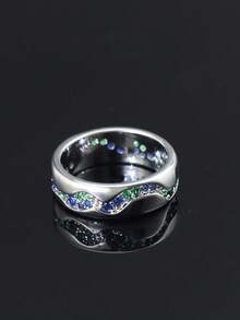 1枚S925纯银男女通用波浪形戒指，镶嵌蓝绿色宝石，简约时尚，适合日常佩戴，周年纪念礼物，母亲节礼物。 - 銀色 - 查看 1