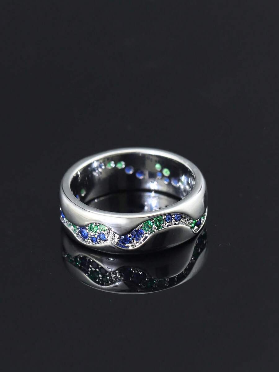 1枚S925纯银男女通用波浪形戒指，镶嵌蓝绿色宝石，简约时尚，适合日常佩戴，周年纪念礼物，母亲节礼物。 - 銀色 - 查看 1