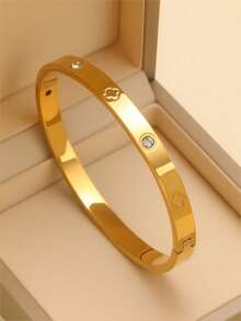 2pcs Fashion 18K Gold Plated Stainless Steel Four-Leaf Clover Nail Bracelet, Suitable For Women's Party, Daily Wear, European And American Style, Personalized, Generous, Luxury Cubic Zirconia Wristband, Wedding Jewelry Set, Gift For Girls, Women, Relatives, Friends, Beautiful Wedding, Birthday, Valentine's Day, Mom, Mother, Mother's Day, Gift