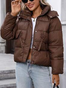Damen verdickte kurze Kapuzen-Reißverschluss-Daunenjacke, warmer Outdoor-Mantel für den Winter - Kaffeebraun - Übersicht 5
