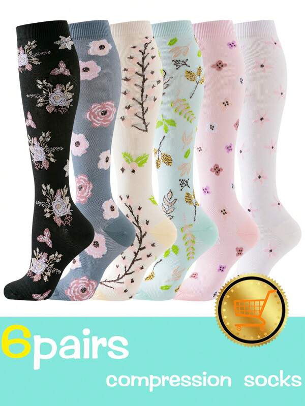 جوارب ضاغطة بسيطة للنساء بنمط الورود والزهور 1/6 زوج، جوارب رياضية موضة للممرضات والأطباء والركض والدراجات والمشي، خريف