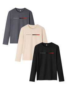 3 件装男士休闲日常简约字母印花长袖 T 恤，秋季 T 恤，秋装 - 彩色 - 查看 2
