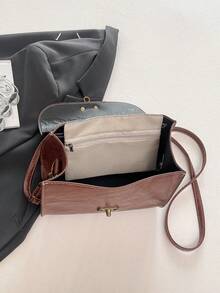 1pc High-End Pu Leather Floral Pattern Fashionable Handheld Shoulder Bag With Metal Lock Design - Brown - View 10