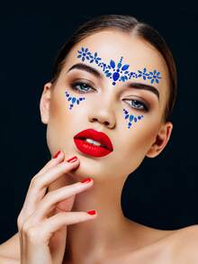 KING HORSE 自粘宝石贴纸，1 张水钻装饰脸部纹身贴纸假纹身万圣节纹身派对和节日装饰 - 藍色 - 查看 1