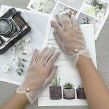 زوج من قفازات المرأة الرقيقة المصنوعة من الشبك المرن للحفلات، إكسسوارات فستان العروس، قفازات دانتيل شفافة محمية من الأشعة فوق البنفسجية ذات لؤلؤ عصرية، إكسسوارات خريفية