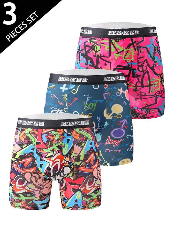 3 piezas Bóxer largos de hombre con estampado de graffiti de moda, bóxer largos deportivos cómodos y transpirables de alta elasticidad, pantalones cortos deportivos, pantalones cortos de boxeo, ropa interior creativa de hombre