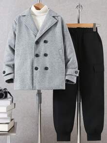 Tween BoyCasual Windbreaker Jacket With Turn-Down Collar, Double-Breasted Pockets, Long Sleeves And Pants Set, Autumn/Winter