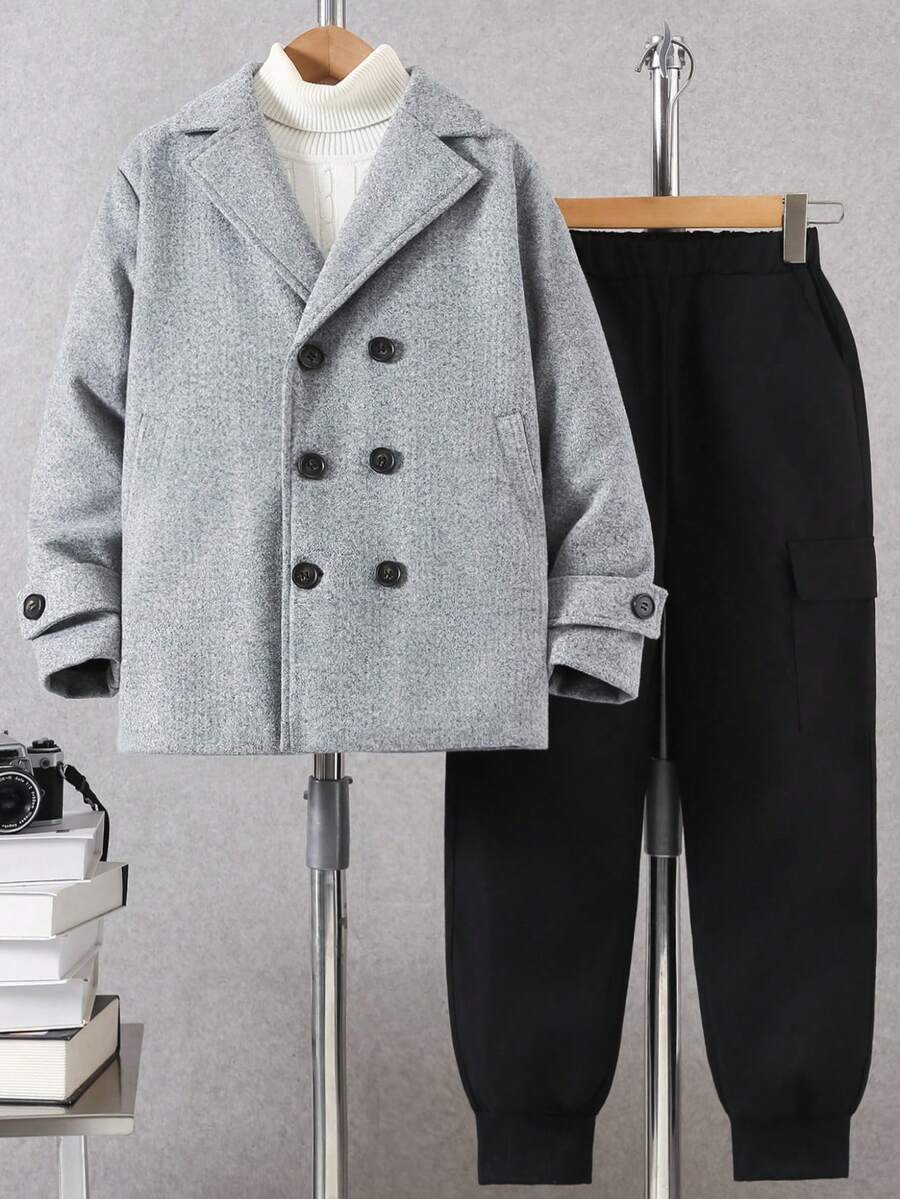 Tween BoyCasual Windbreaker Jacket With Turn-Down Collar, Double-Breasted Pockets, Long Sleeves And Pants Set, Autumn/Winter