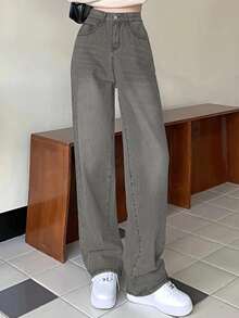 女式休闲宽松阔腿牛仔裤，带口袋 - 灰色 - 查看 3