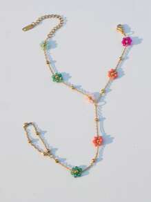 1pc Elegant Handmade Beaded Colorful Flower Design Stainless Steel Full Finger Ring Chain Bracelet For Women