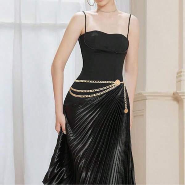 Fashionable Gold Waist Chain, Chain Material, Incorporating Portrait & Sun Core Elements, Popular Belt Chain Style, Flattering Figure, Suitable For Party, Street Scenes, Instantly Elevates Outfit, Must-Have Gold Chain Waist Belt Fall, Autumn, Halloween