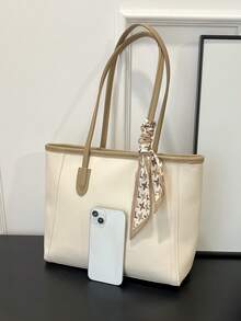 Large Capacity Minimalist Vintage-Style Handbag In Solid PU Leather With Matching Scarf, Versatile And Elegant Women's Bag, Fashionable Bag With Bow, Eye-Catching Handbag - 白色 - 查看 7