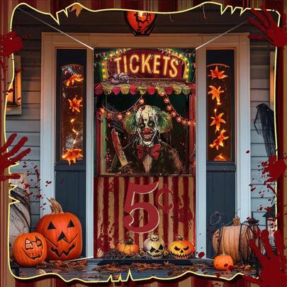 1pc-Halloween Evil Circus Door Cover - Bloody Carnival Polyester Banner With Creepy Clown Design, Spooky Entrance Backdrop For Haunted Circus Party & Horror Theme Decorations