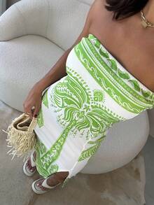 Women's Luxury Printed Strapless Dress With Midi Ribbed Slit - 綠色的 - 查看 3