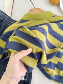 Young Boy Colorblock Striped Polo Shirt, Summer - Army Green - View 8