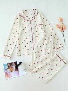 Women's Heart Print Bubble Crinkle Long Sleeve Pants Pajama Set - Apricot - View 1