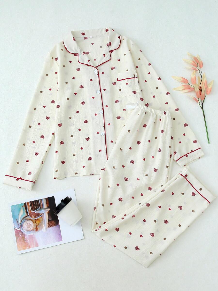 Women's Heart Print Bubble Crinkle Long Sleeve Pants Pajama Set - Apricot - View 1