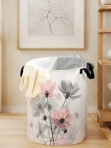 1pc Cartoon Flower Pattern Foldable Round Storage Basket With Handle, Large Capacity Multi-Purpose Storage Bin For Nursery, Baby Diaper, Clothes, Toys Organization - Multicolor - View 5