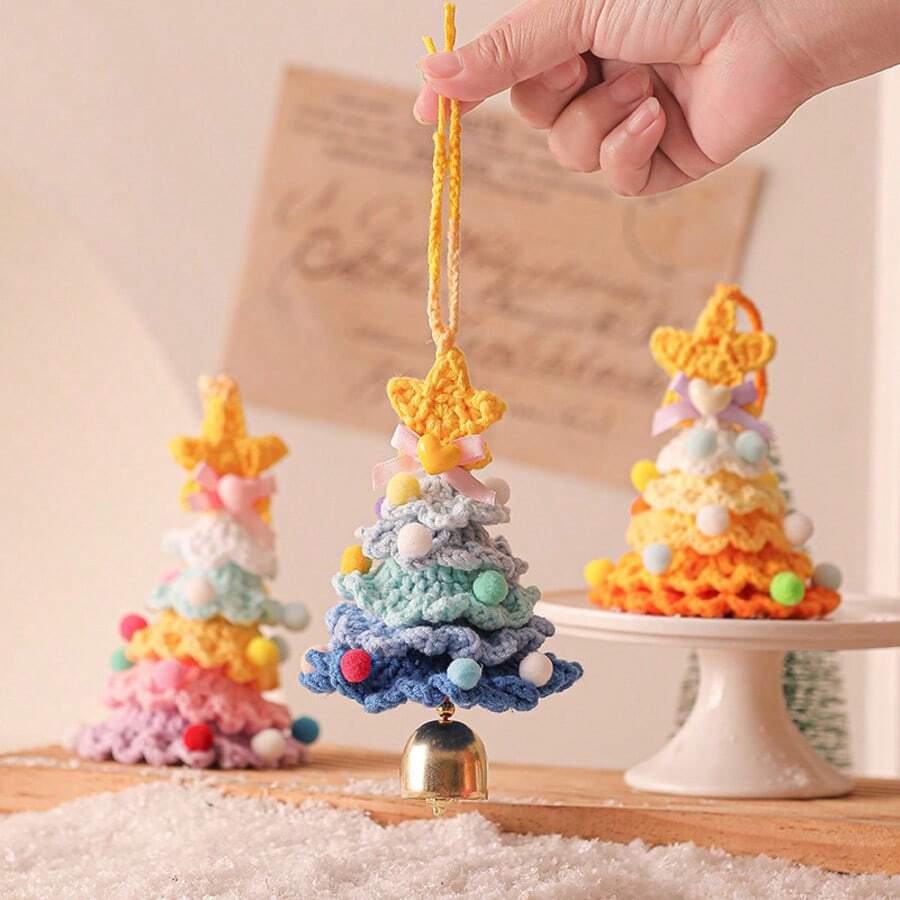 1pc Crochet Cute Christmas Tree Ornament, Multilayer Colorful Design With Star Top & Bells, Decor For Christmas Tree, Suitable For Christmas Holiday Decoration