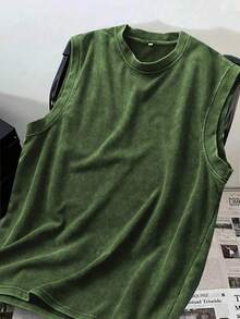 Zhuo Tianxi Men's Dark Color Casual Vintage Washed Round Neck Vest - Dark Green - View 1
